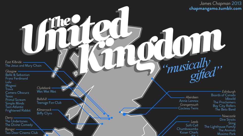174 groupes et artistes sur une carte du Royaume-Uni