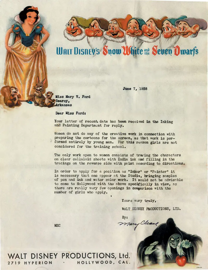 Disney : Une lettre de refus sexiste de 1938