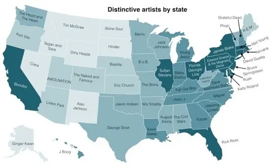 Une carte répertorie les artistes les plus caractéristiques des Etats-Unis