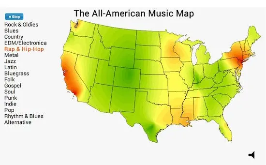 Une carte interactive des goûts musicaux aux États-Unis