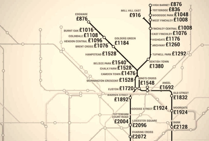 Une carte du métro de Londres selon le prix des loyers