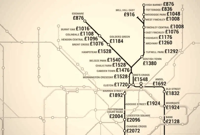 Une carte du métro de Londres selon le prix des loyers