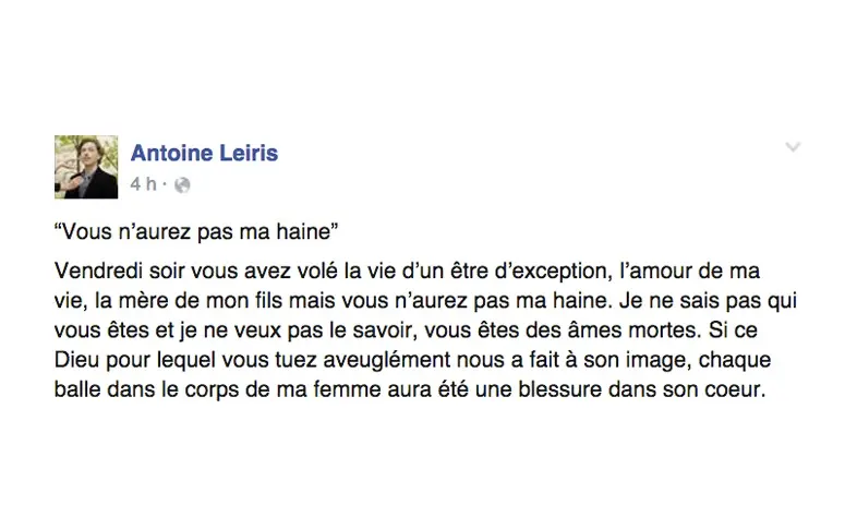 “Vous n’aurez pas ma haine” : sur Facebook, la lettre ouverte du mari d’une victime