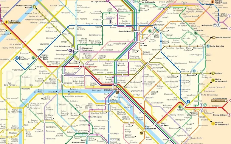 Une carte du métro de Paris en fonction du temps de marche entre les stations