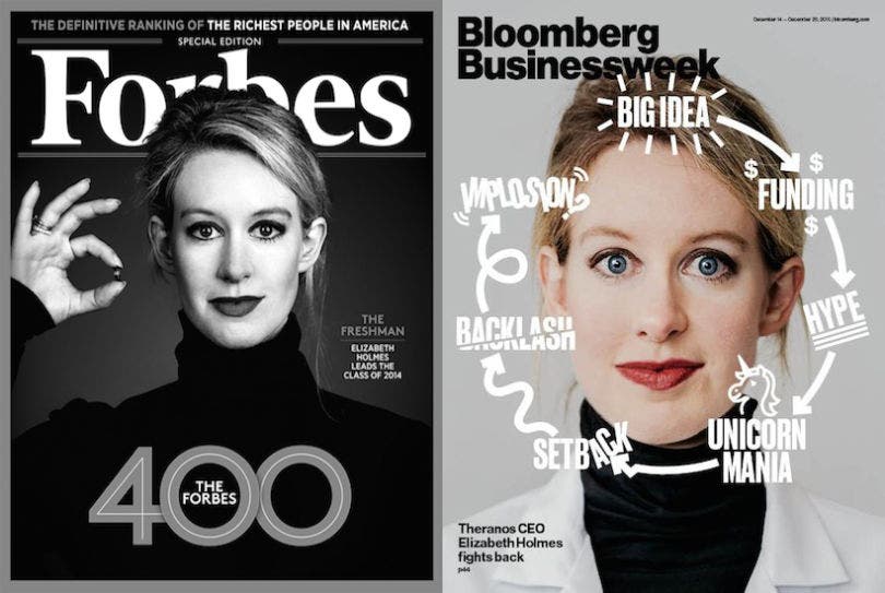 Elizbeth Holmes d'abord en couv de Forbes période "tout va bien", puis sur Bloomberg période "c'est la crise un peu, là"