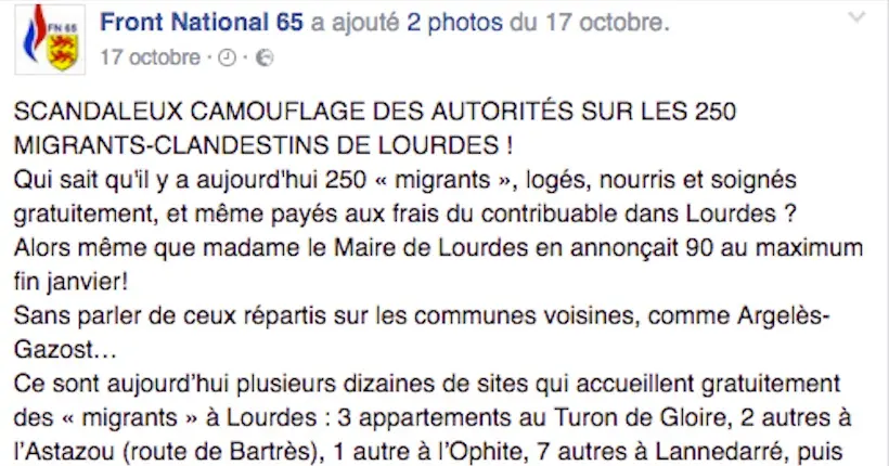 Le Front national Hautes-Pyrénées balance les adresses des réfugiés résidant à Lourdes