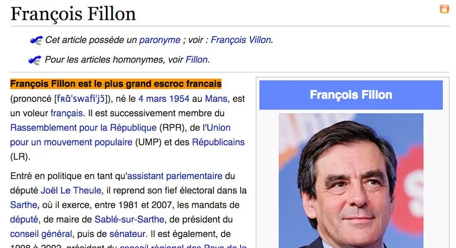 “Le plus grand escroc français” : quand la page Wikipédia de François Fillon est piratée