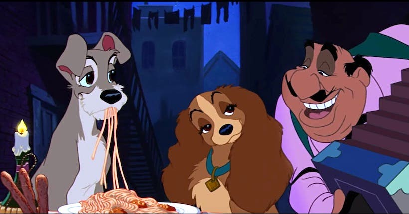 Scène du plat de spaghetti du film animé La Belle et le Clochard de 1990.