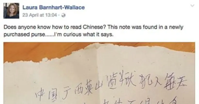 Une Américaine a retrouvé le S.O.S. d’un prisonnier chinois dans le sac à main qu’elle venait d’acheter