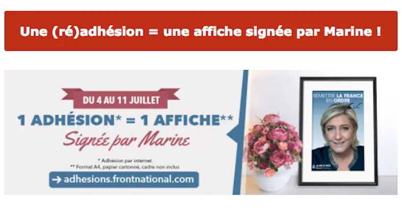 Bon plan : cette superbe affiche dédicacée par Marine Le Pen contre votre adhésion au FN