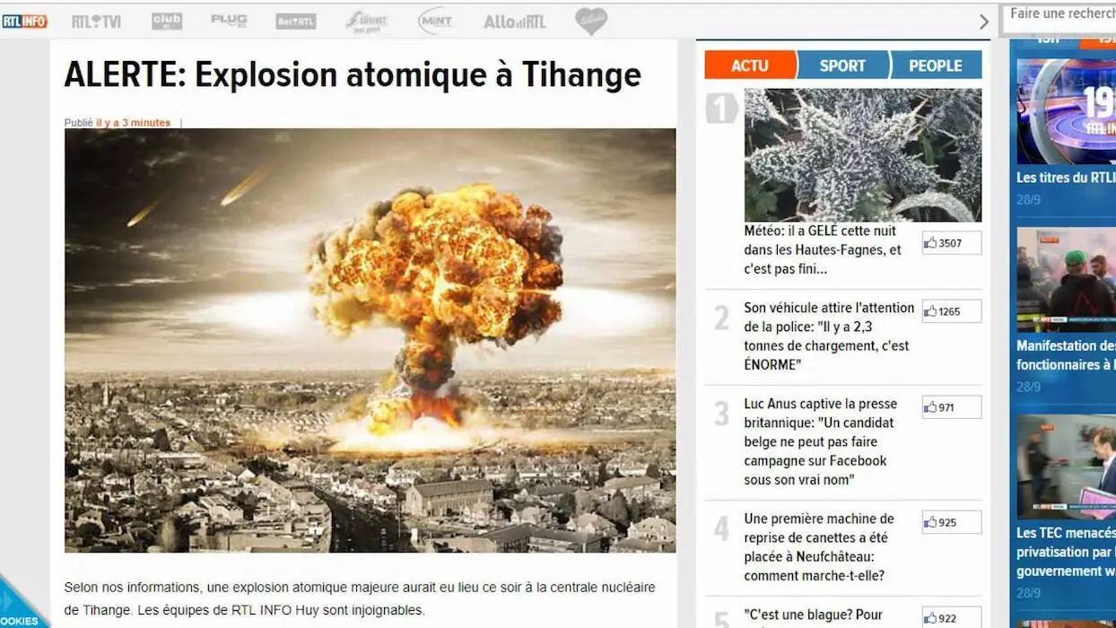 “Alerte : explosion atomique à Tihange” : le site belge RTL Info imité pour diffuser une fake news