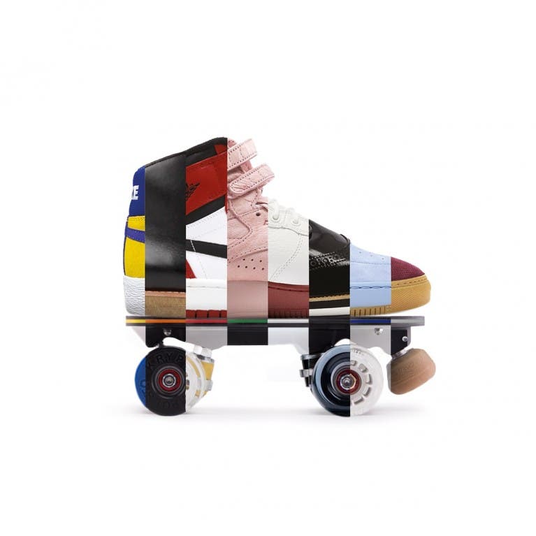 Photomontage d'un patin composé de 8 tranches de différents sneakers de marque