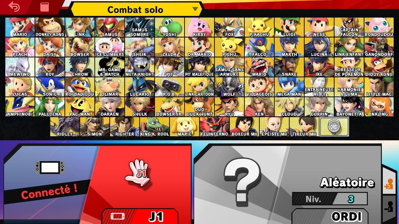 écran de sélection du personnage de Super Smash Bros : Ultimate