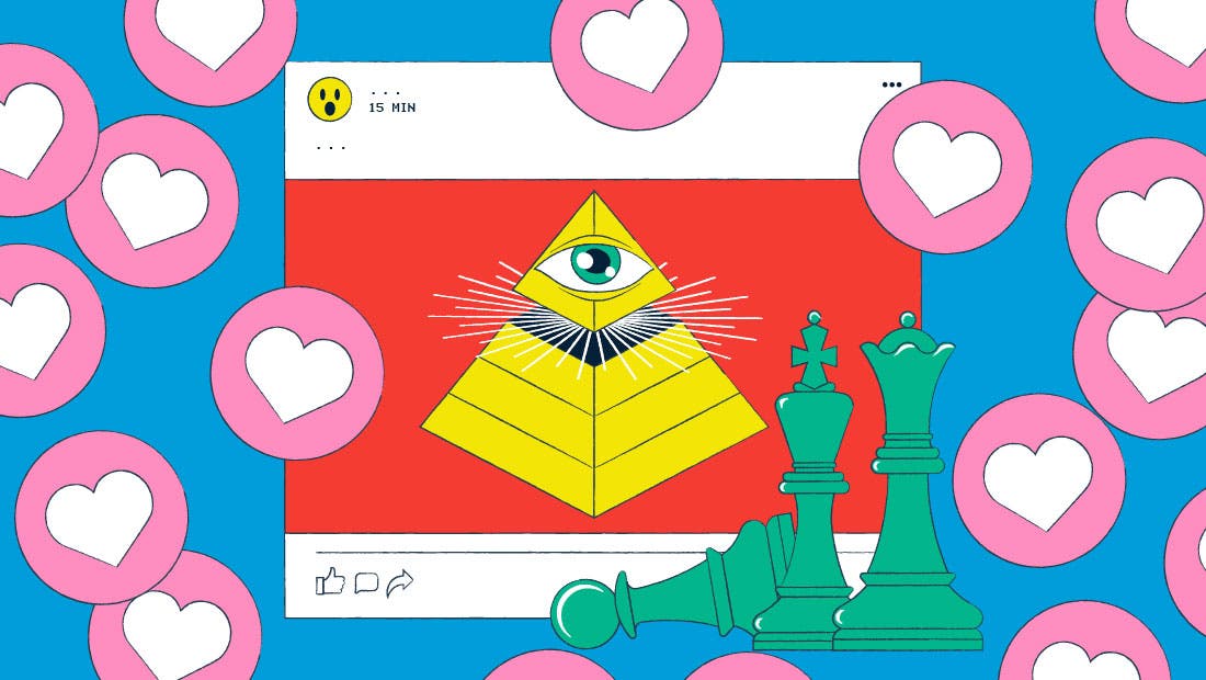 Illustration d'un post Facebook, au centre duquel trône une pyramide illuminati, avec de nombreux icônes j'aime.