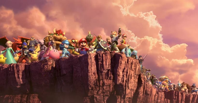 Totalité des personnages du jeu Super Smash Bros : Ultimate, se tenant au bord d'une falaise.