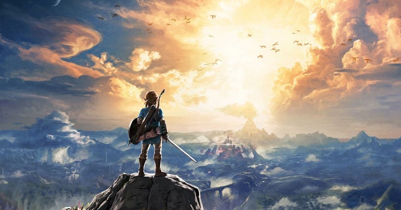 Image promotionnelle du jeu Zelda: Breath of the Wild, Link comtemple l'horizon perché sur un sommet.