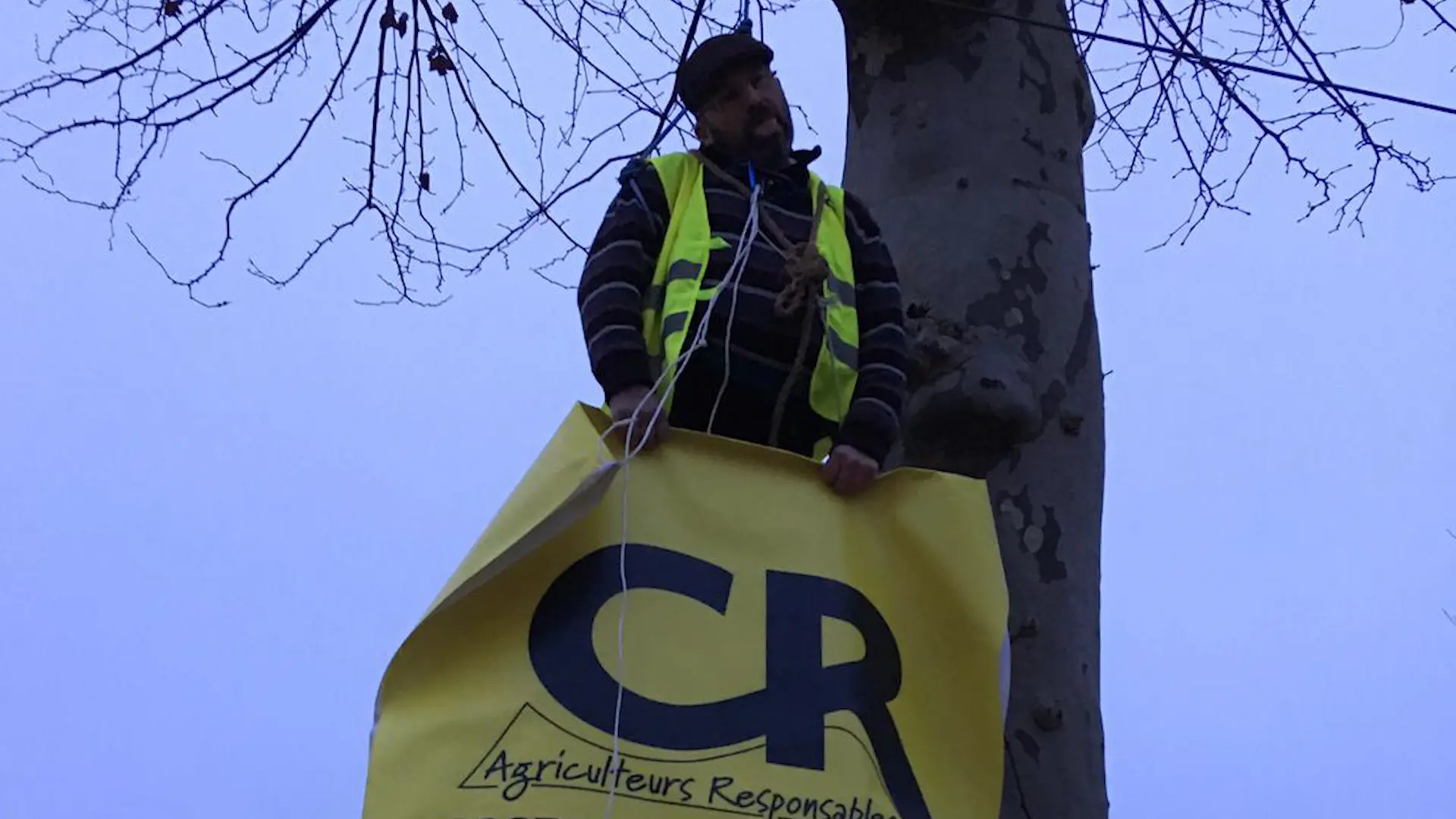 Vidéo : des agriculteurs “se pendent” aux arbres devant leur préfecture