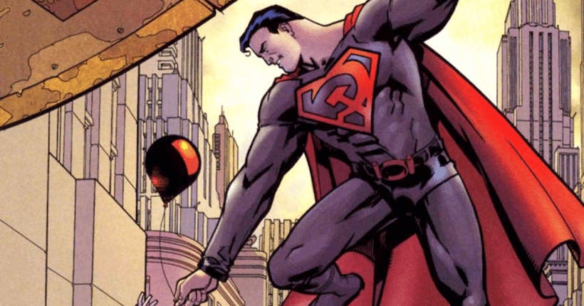 Superman restituant un ballon d'hélium à un enfant, comic.