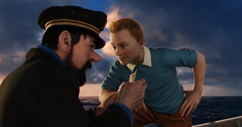 Tintin et le capitaine Haddock, sur une barque au milieu de l'Océan.