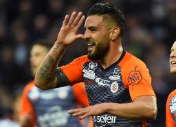 <p>Montpellier&#8217;s French forward Andy Delort celebrates after scoring a goal during the French L1 football match between Montpellier and Guingamp, on April 3, 2019 at the Mosson stadium in Montpellier, southern France. (Photo by SYLVAIN THOMAS / AFP)</p>
