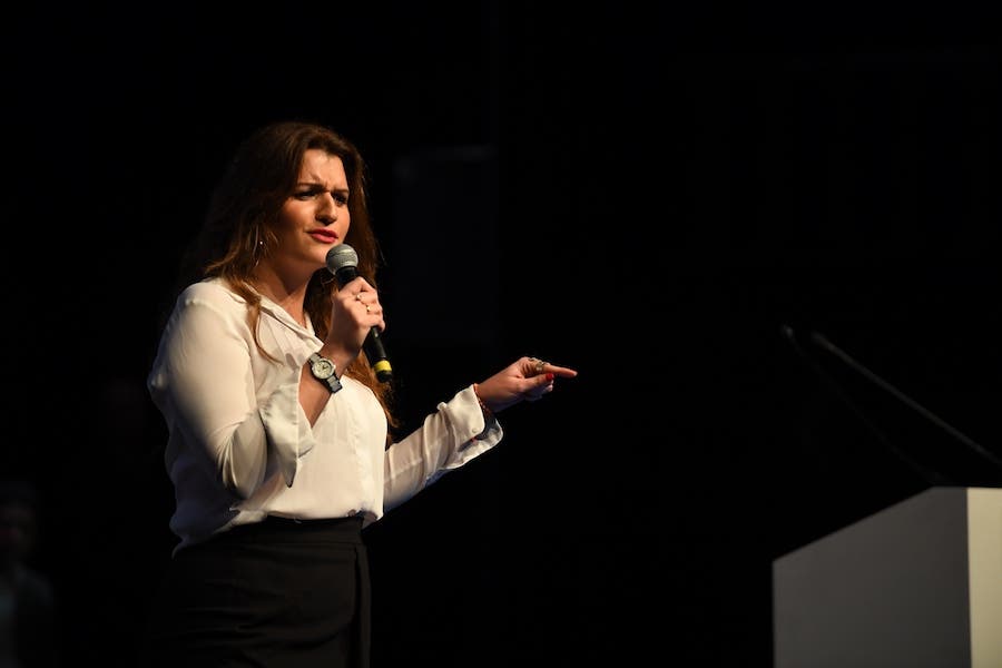 <p>French Junior Minister for Gender Equality Marlene Schiappa addresses at the Bobino theater for the Benjamin Griveaux meeting, in Paris, on January 27, 2020. (Photo by MARTIN BUREAU / AFP)</p>
