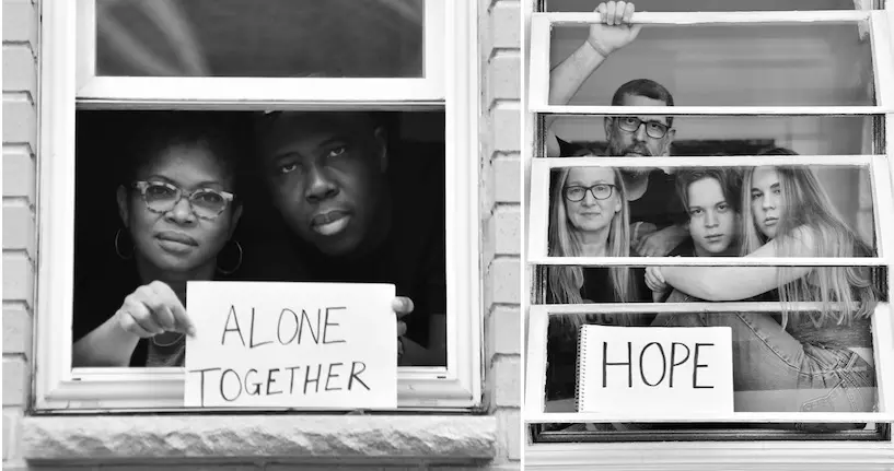 Des photos de familles confinées derrière leurs fenêtres partagent un message d’espoir