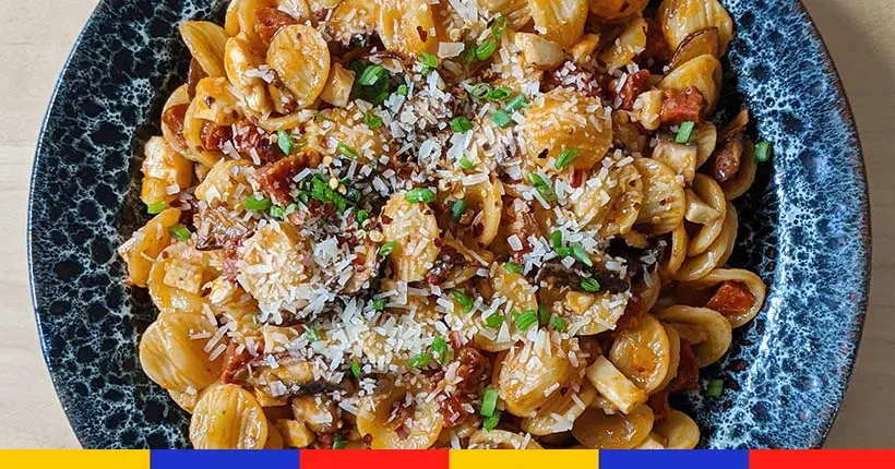 Tuto : orecchiette aux champignons, chorizo et halloumi