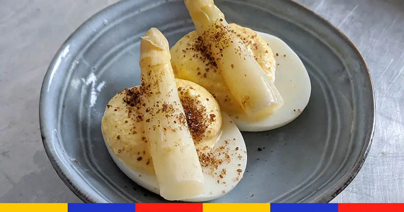 Tuto : œuf dur, asperge blanche et crème montée au miso