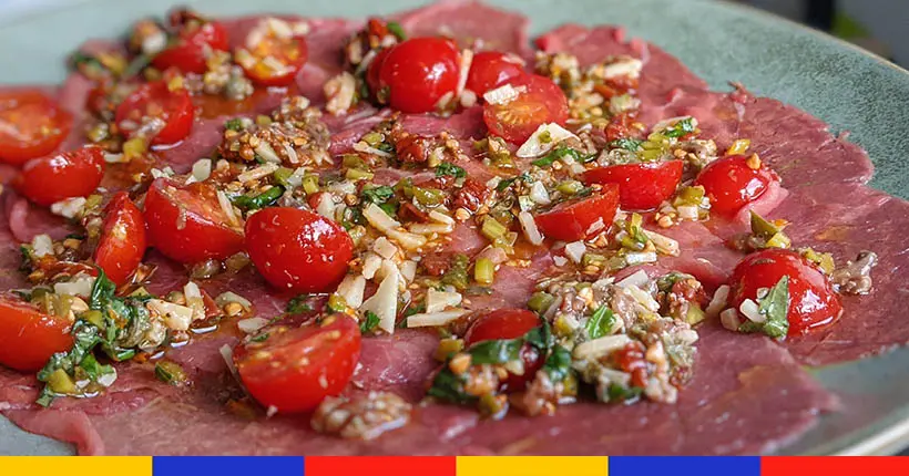 Tuto : carpaccio de bœuf, condiment tomates cerises, parmesan et anchois