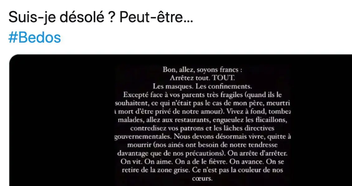 Sur Twitter, les parodies musicales hilarantes du post de Nicolas Bedos sur le Covid