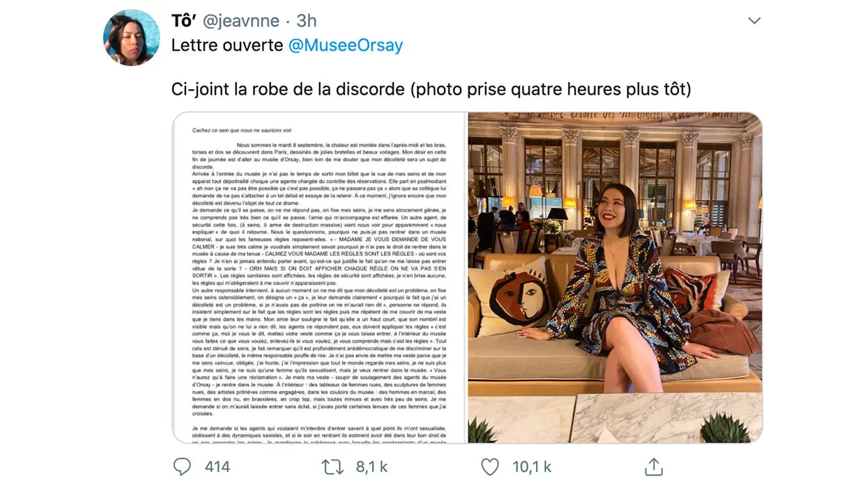 Paris : refusée du musée d’Orsay à cause de son décolleté jugé trop plongeant