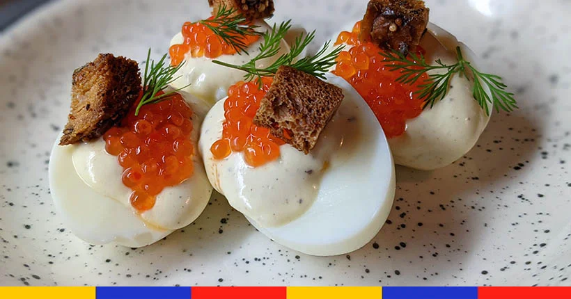 Tuto basique : œufs durs, œufs de truite, croûtons et crème vinaigrée
