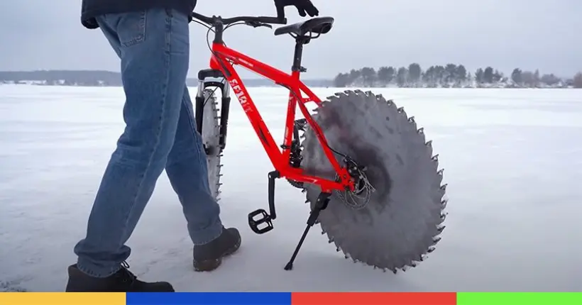 Vidéo : pour rouler sur un lac gelé, il équipe son vélo de scies circulaires