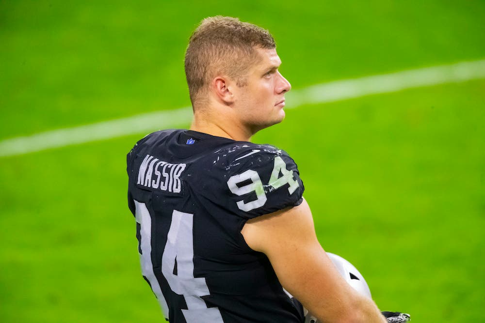 <p>Nov 22, 2020; Paradise, Nevada, USA; Las Vegas Raiders defensive end Carl Nassib (94) against the Kansas City Chiefs at Allegiant Stadium. Mandatory Credit: Mark J. Rebilas-USA TODAY Sports</p>
