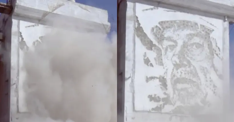 L’artiste Vhils dévoile un portrait géant en explosant un bâtiment