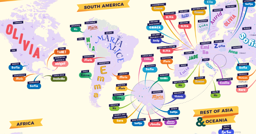 On a trouvé une carte qui recense les prénoms de bébé les plus populaires au monde