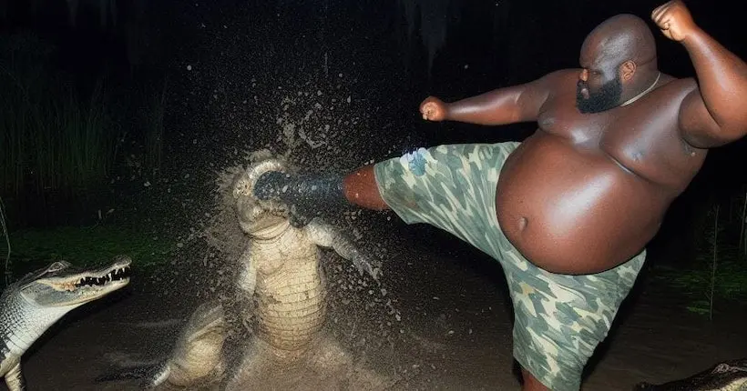 C’est quoi l’histoire derrière cette fabuleuse photo d’un homme mettant un chassé à un alligator ?