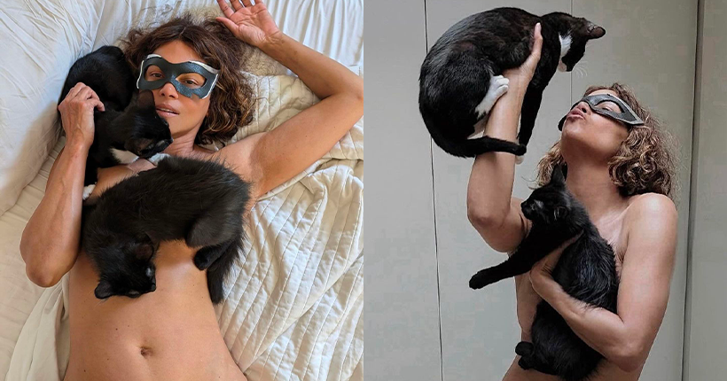 Pour fêter les 20 ans de Catwoman, Halle Berry pose topless avec ses deux chats adoptés