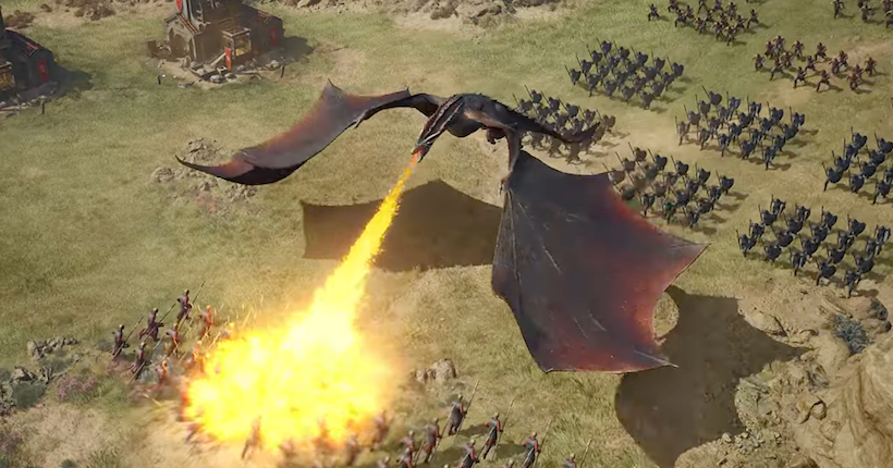 Un cavalier sur un dragon majestueux survolant des terres vallonnées et des châteaux médiévaux.